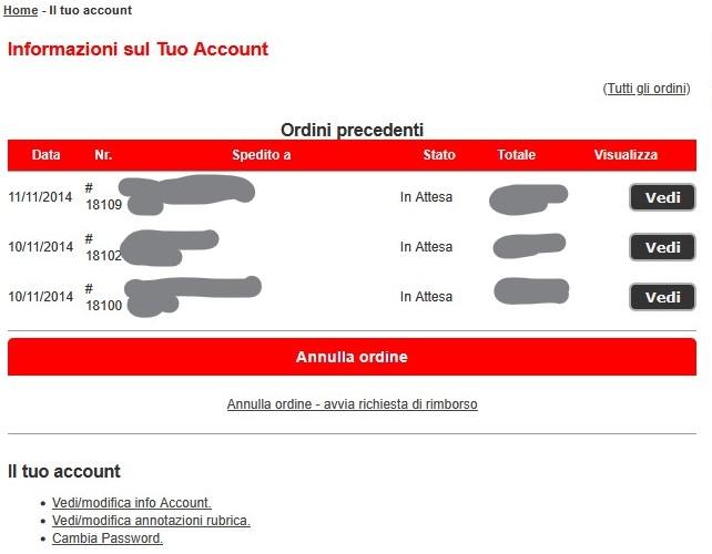 account annulla ordine screenshot